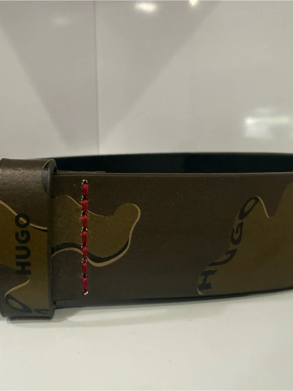 HUGO Brown Camouflage Leather Belt with Red Stitching